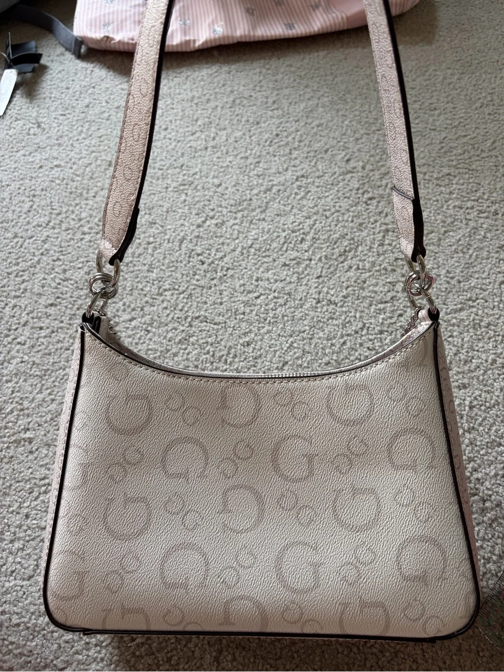 GUESS Beige Logo-Print Shoulder Bag with Silver Chain